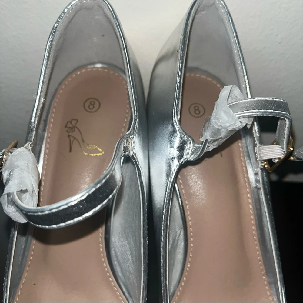 Perphy Platform Mary Janes Block Heels Pumps for Women Metallic Silver Sz 8 - Picture 3 of 12